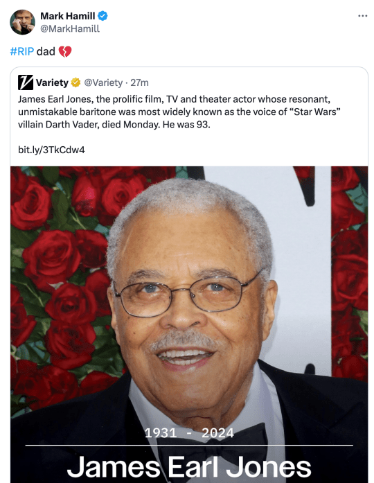 Mark Hamill's tribute to James Earl Jones