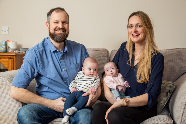 Rebecca Roberts and her partner Rhys Weaver with their superfetation babies Noah and Rosalie