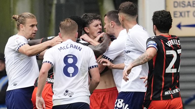 Blackburn Rovers' Owen Beck being confronted by Preston North End's Milutin Osmajic. Pic: PA