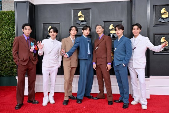 V, Suga, Jin, Jungkook, RM, Jimin and J-Hope of BTS on the Grammys red carpet