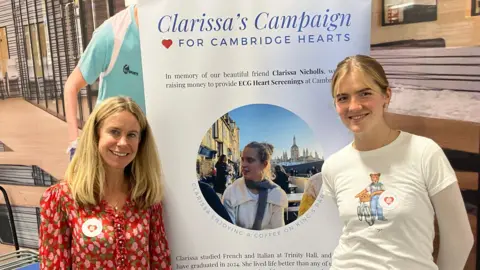 Robbie Kalus/BBC Two light-haired women - one, on the left, wearing a red and pink top, one, on the right, wearing a cream t-shirt bearing a teddy bear image - standing either side of a "Clarissa's Campaign for Cambridge Hearts" poster 