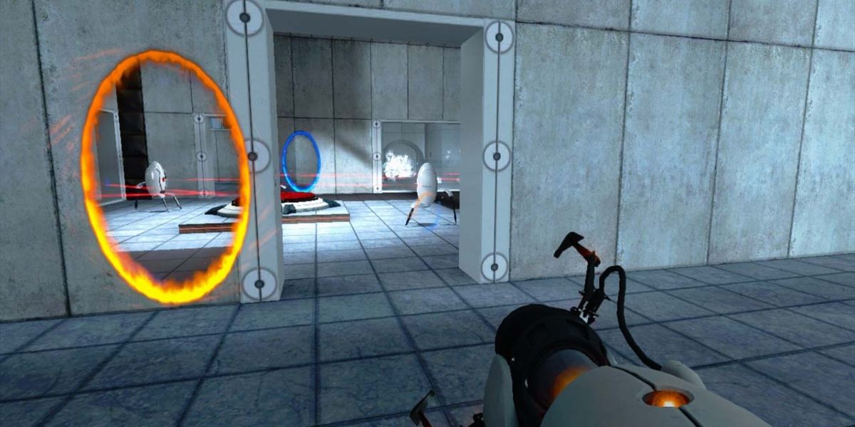 A player navigating a laser puzzle in Portal.