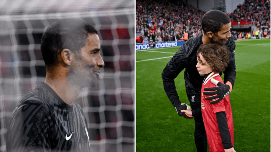 David James with a young fan at Anfield during half-time of the Liverpool vs Chelsea game