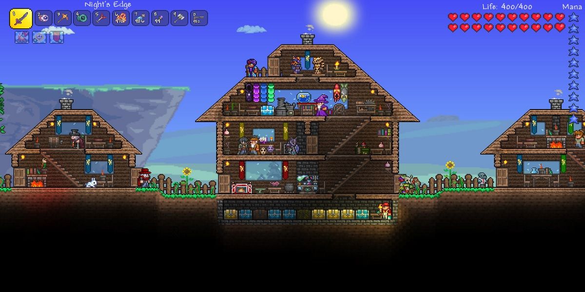 Three buildings in Terraria.