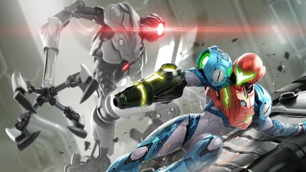 Samus Aran in Metroid Dread, sliding away from an E.M.M.I. robot