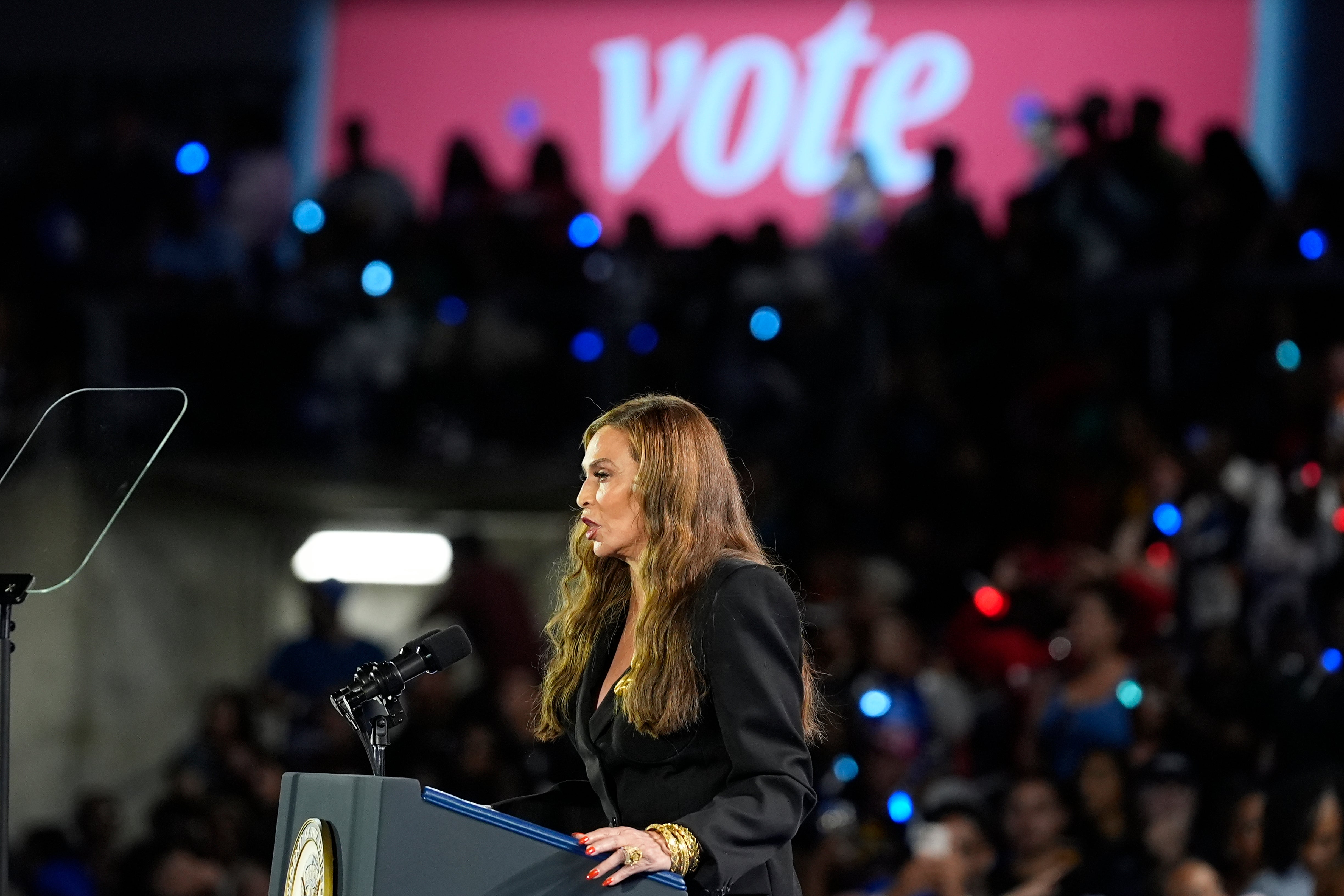 Beyonce’s mother, Tina Knowles, speaks at the Kamala Harris rally