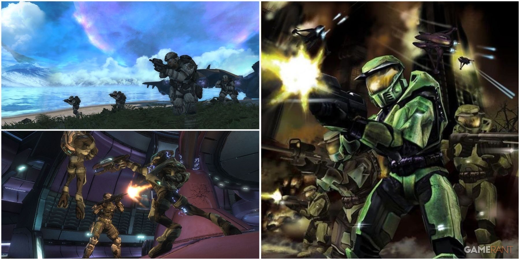 A Collage Of Art From Halo Reach, Halo COmbat Evolved Anniversary And The Cover Of Halo The Fall Of Reach