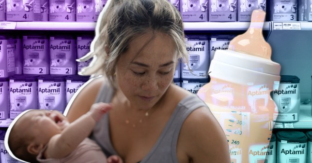 A composite image shows a woman holding a baby with a supermarket shelf filled with baby formula behind her.