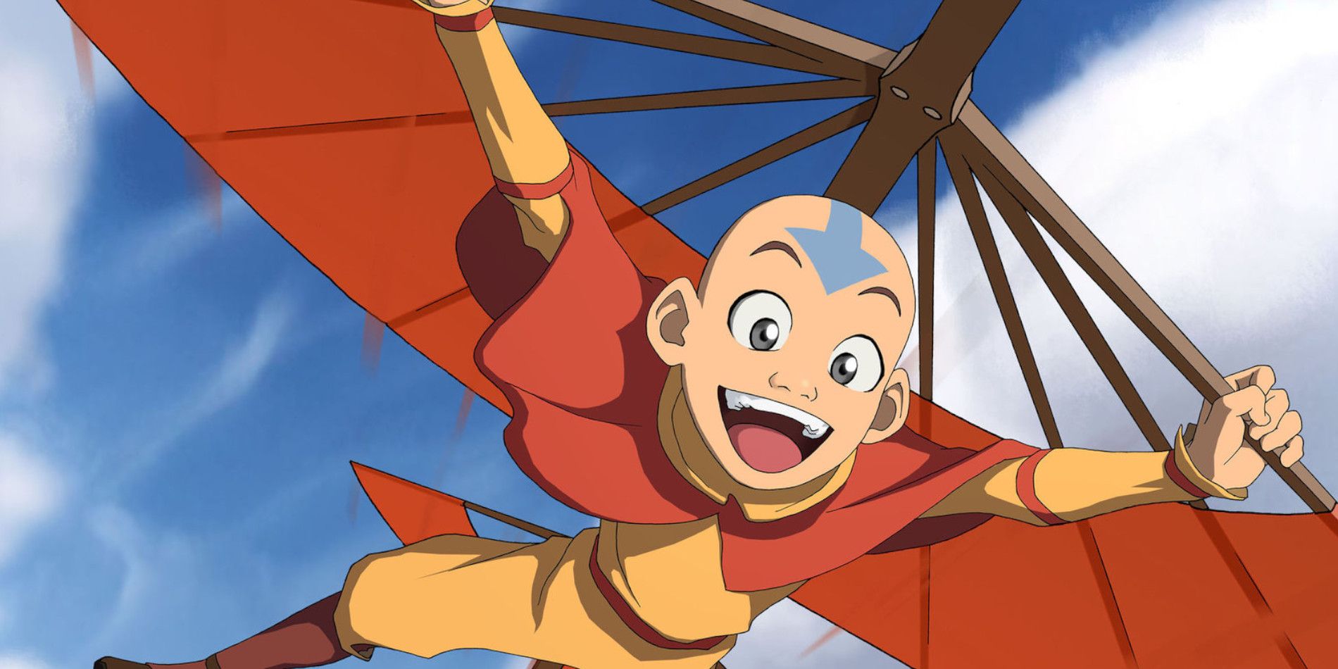 Aang from Avatar: The Last Airbender flies on his glider.