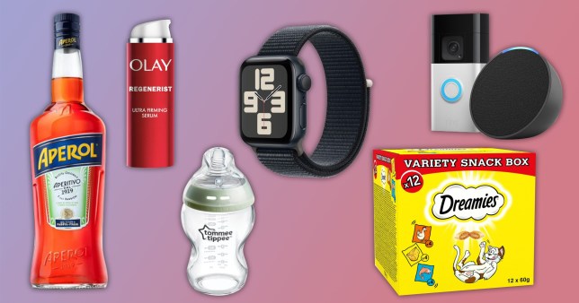 Amazon Prime Big Deal Days 2024 top buys including a bottle of Aperol, Olay skincare, a Tommee Tippee cup, an Apple Watch, Ring Doorbell and yellow box of Dreamies cat treats