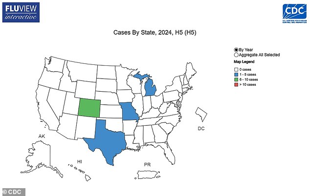 The above shows states where human cases of the bird flu, H5N1, have been detected - not yet including the newest presumptive positive case in California