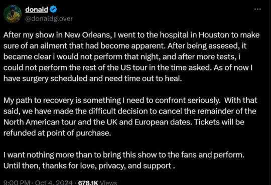 Donald Glover X statement about tour cancellation 