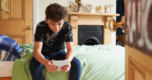 A teenage boy sits on the side of a bed with a mint green duvet. A fireplace is in the background