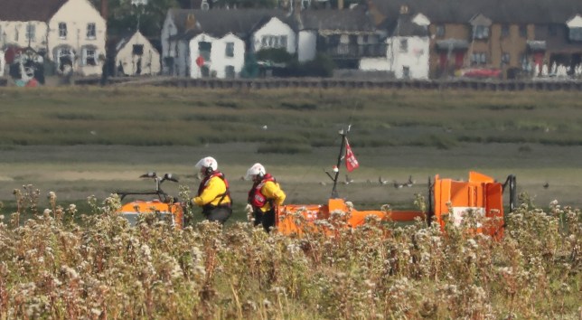 Two pilot whales have died after becoming stranded in a creek in Canvey Island, Essex. A female and her calf were part of a pod of seven to nine whales which had all died in another recent stranding. On Sunday morning specialist crews from the Essex County Fire and Rescue Service, HM Coastguard Essex, Essex Police Marine Unit, the British Divers Marine Life Rescue & the RNLI using a hovercraft (pictured) were involved in the recovery of them. 6.10.24. . Pictures copyright (c) Stephen Huntley/HVC. 07973 208461..16 CM3 4RP