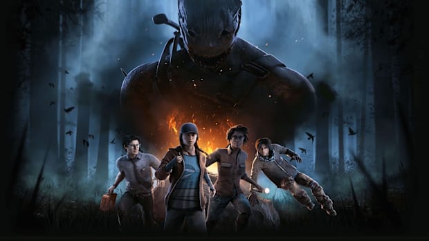 The Dead by Daylight cover art, featuring a killer looming over four survivors