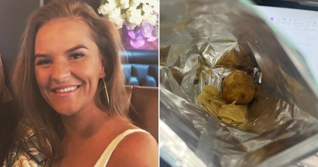 Lucy smiles in a photo. In another photo, the potato is seen at the bottom of her bag of crisps 