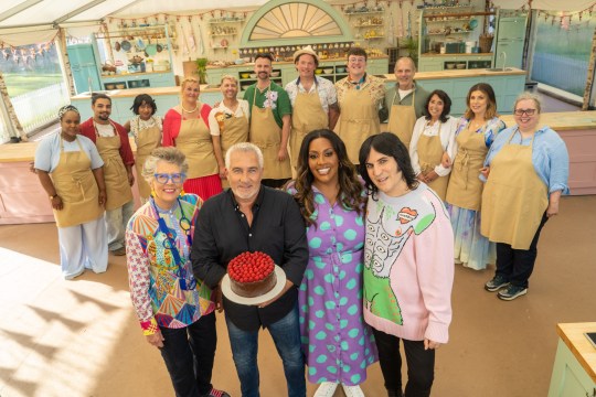  Prue Leith and Paul Hollywood, and presenters Alison Hammond and Noel Fielding. with contestants in the tent for The Great British Bake Off 2024