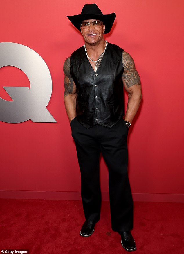 Dwayne Johnson channeled his inner cowboy wearing a black, leather vest as well as a pair of black trousers.