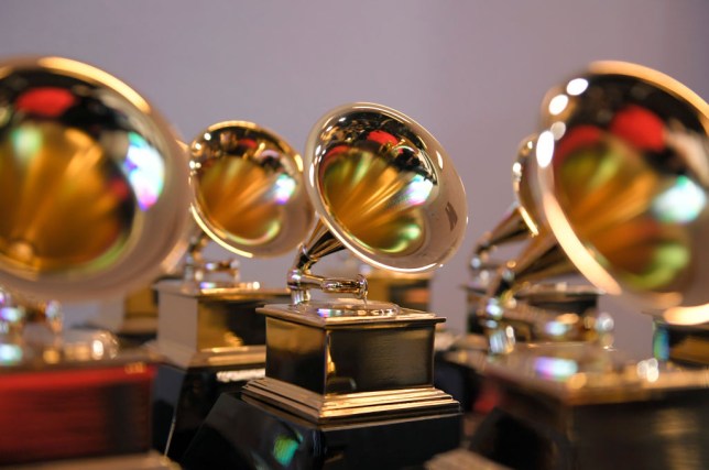 Grammy trophies lined up for the 64th Annual GRAMMY Awards