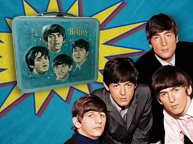 The Beatles next to a picture of a Beatles lunchbox collectible