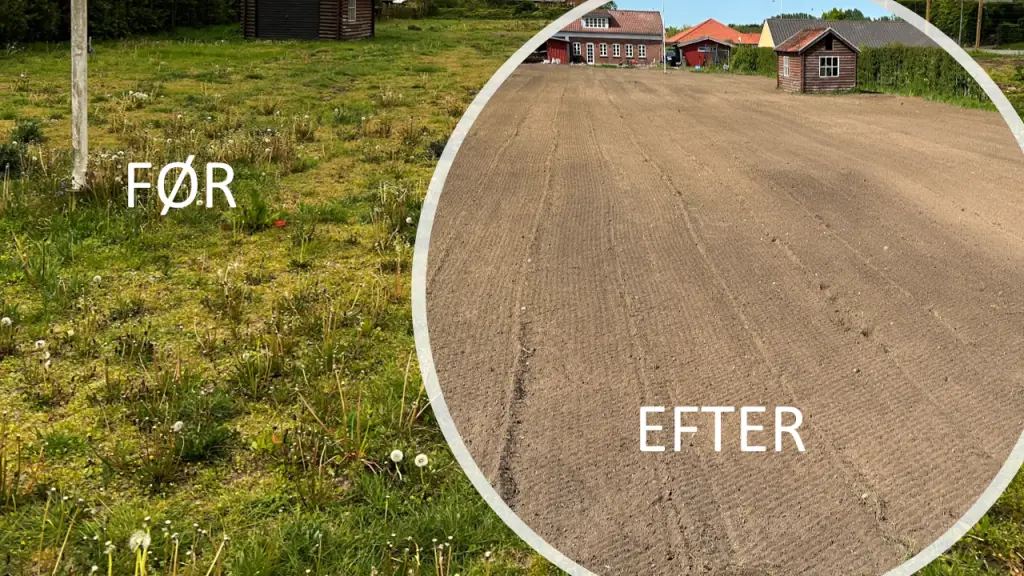 Før og efter omlægning af græsplæne eller anlægning af græsplæne på Tjørnebakken 1