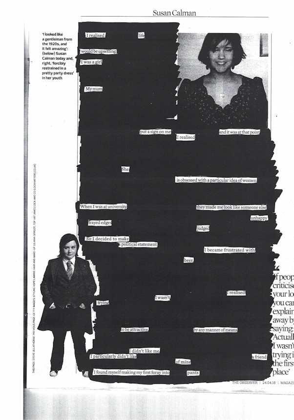 A newspaper blackout poem by Nicki Hastie from an article by Susan Calman