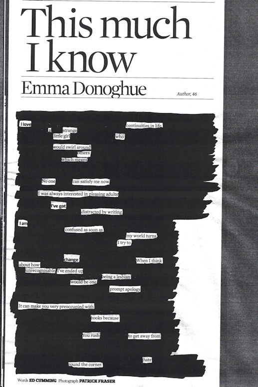 Newspaper blackout poem from interview with Emma Donoghue