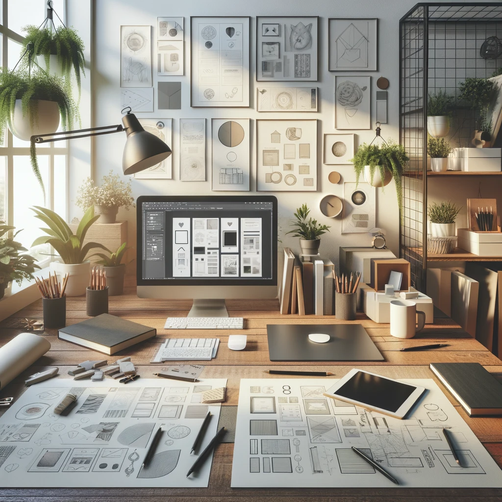 A desk with a large computer surrounded by meticulously designed wireframes and mockups, inviting collaboration with a skilled UX Architect. Explore their UX Design Portfolio.