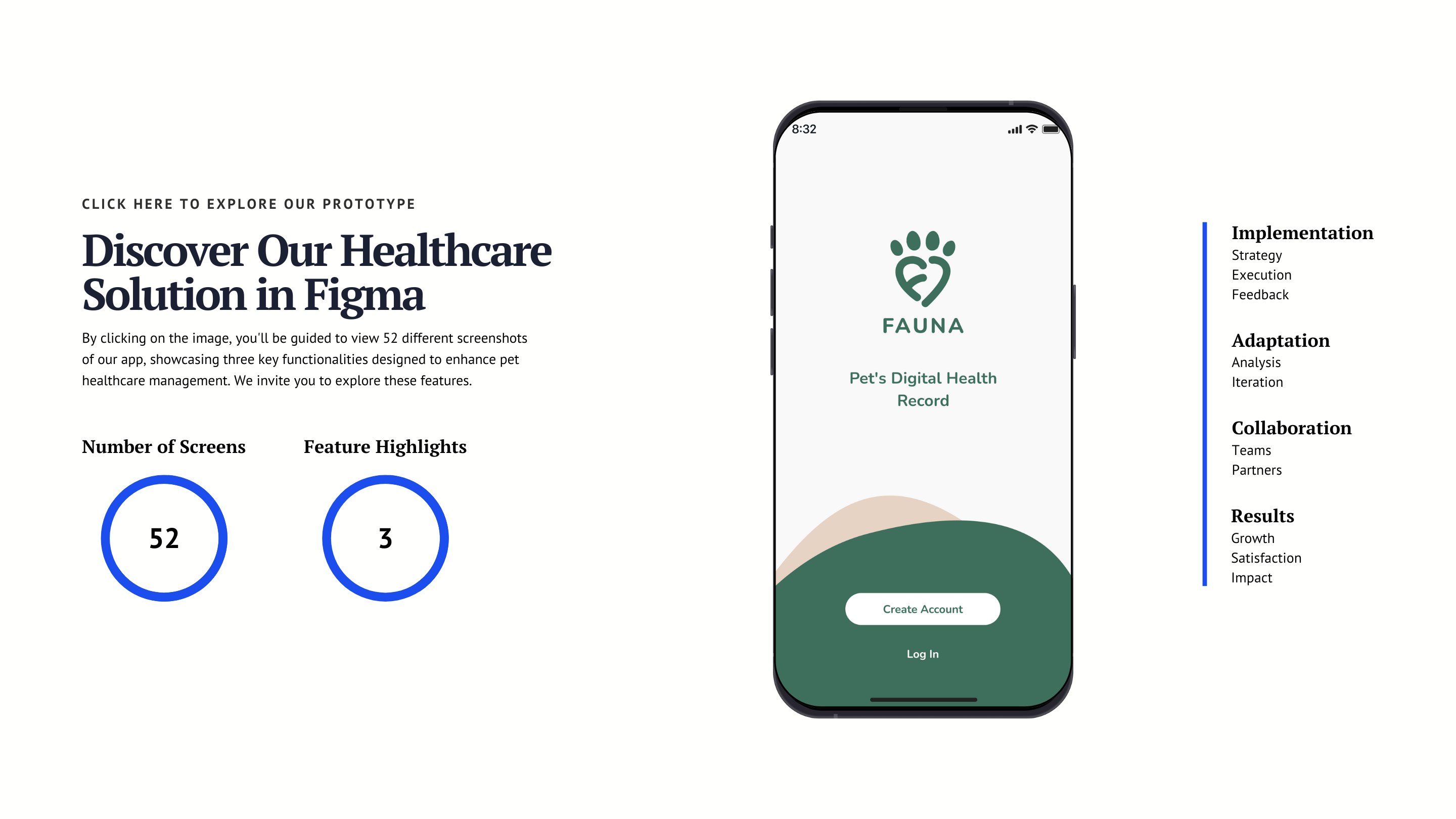Interactive image leading to a Figma prototype with 52 screenshots, highlighting three essential functionalities of our pet healthcare app, offering a detailed glimpse into its user-friendly interface and innovative solutions.