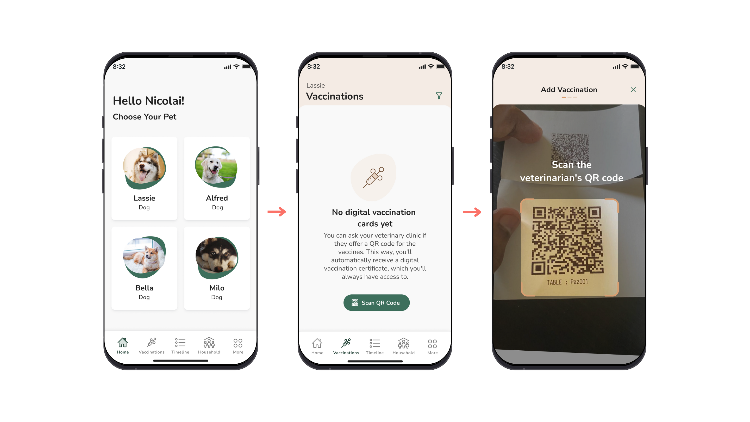 Three screenshots displaying the pet health app's user interface.