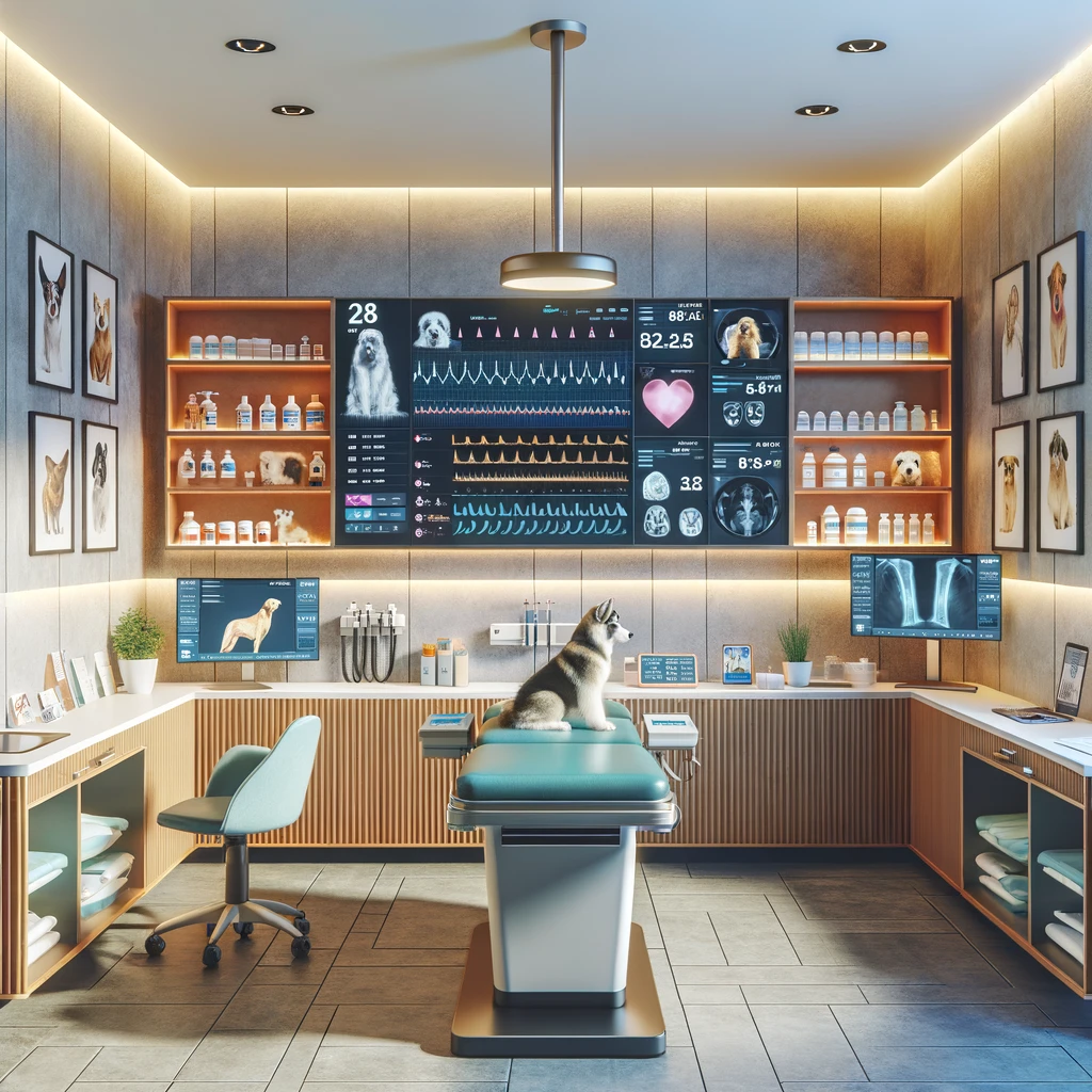 Image of a highly professional and technologically equipped veterinary consultation room, showcasing state-of-the-art medical equipment and a modern, clean design, reflecting our commitment to advanced healthcare solutions.