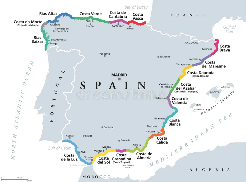 Kort over Spanien med markering af Costa del Sol, Costa Blanca og Mallorca som golfdestinatoner