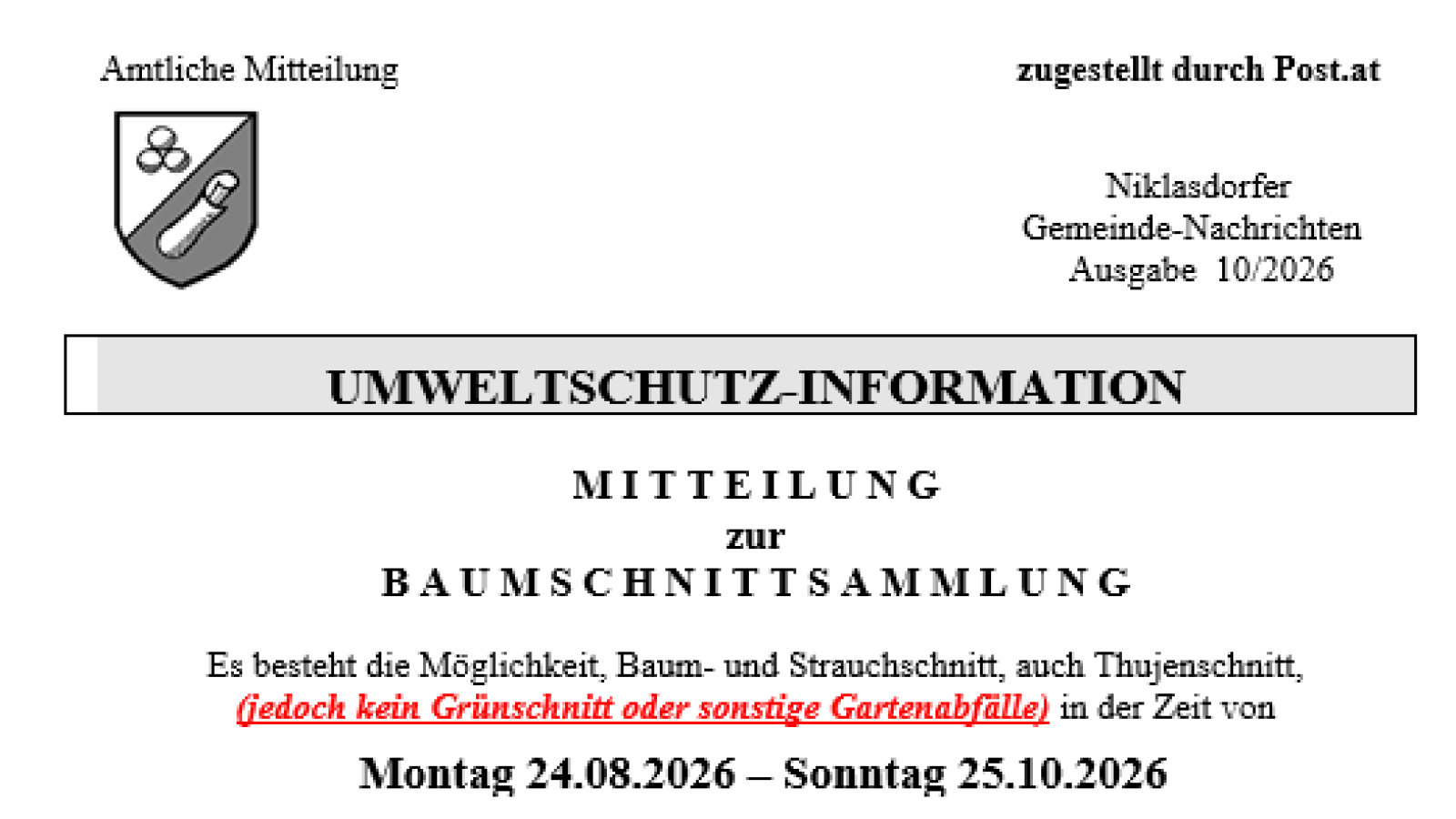 Umweltschutz-Information zur Baumschnittsammlung in Niklasdorf, 24.08.2026–25.10.2026