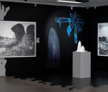 Installation view (3) - cardboard, drawings, foliage, marble sculpture