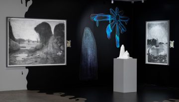 Installation view (3) - cardboard, drawings, foliage, marble sculpture