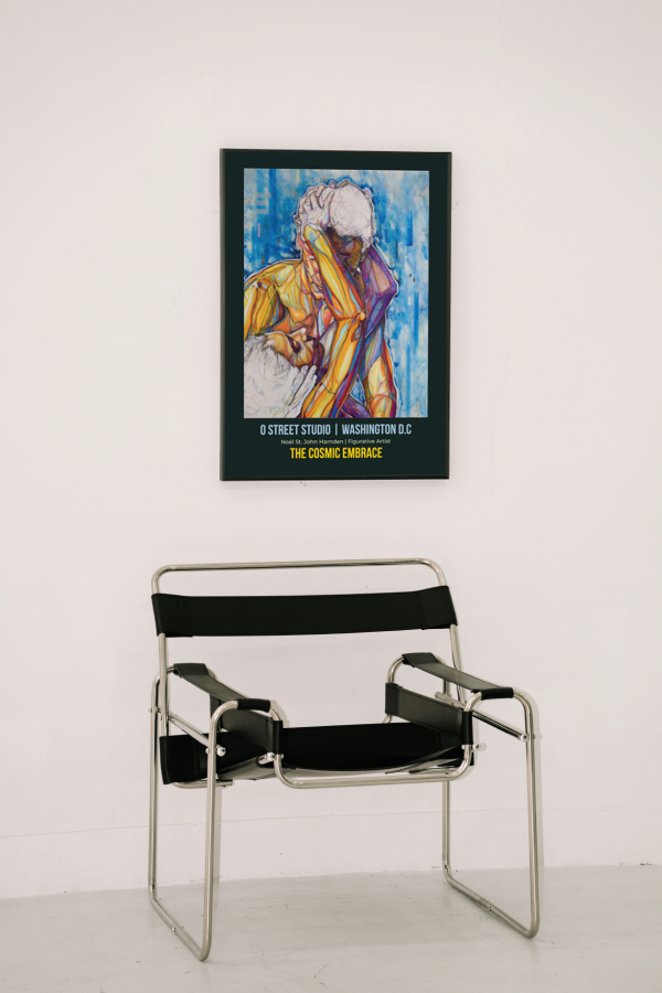 CITY SERIES O STREET STUDIO WASHINGTON D C THE COSMIC EMBRACE IN A BLACK FRAME HUNG ON A WALL IN FRONT OF A WASSILY CHAIR