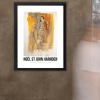 MAN IN CHAIR IN A BLACK FRAME HUNG ON A MARBEL WALL WITH A BLURRED FIGURE WALKING PAST