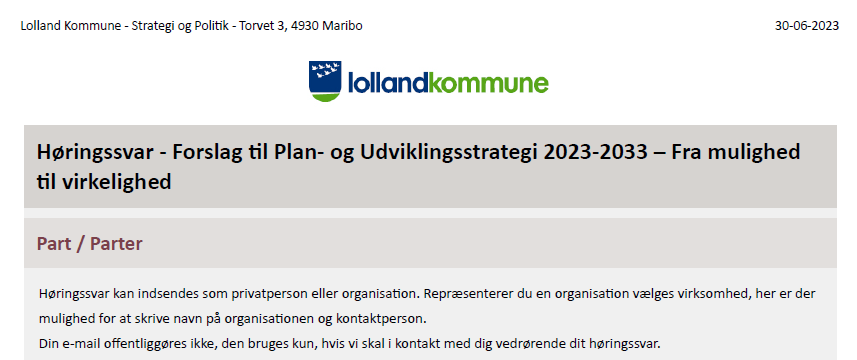 Høringssvar Til Lolland Kommunes Plan- Og Udviklingsstrategi 2023 ...