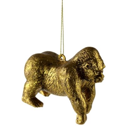 Guldfarvet ornament formet som en gorilla. Gorillaen står på alle 4 fødder.