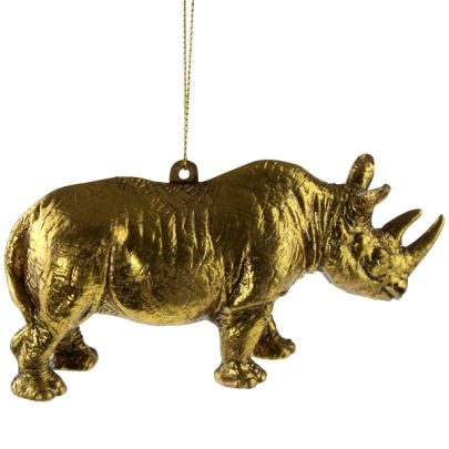 Guldfarvet ornament formet som et næsehorn.