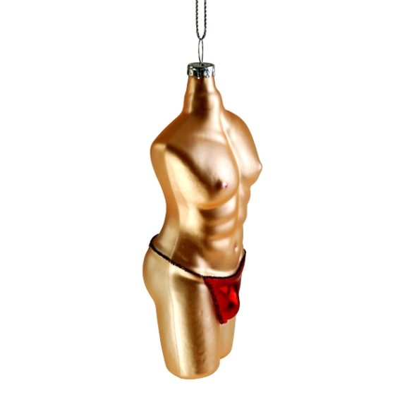 52552 - julekugle lingeri mand Juleornament formet som mandekrop med små råde underbukser på.