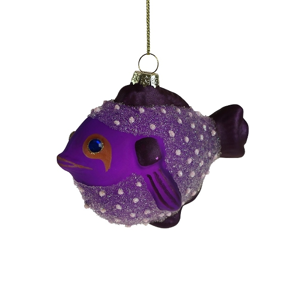 Juleornament formet som en lilla kuglefisk. Fisken har hvide prikker og er dækket med glimmer. Der er orange detaljer ved øjnene.