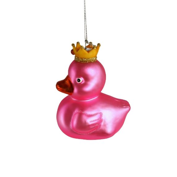 Juleornament formet som en pink and med rød/orange næb og gul kongekrone på. Malingen en skinnende. Anden har glimmerdetaljer ved vingen og kongekronen.