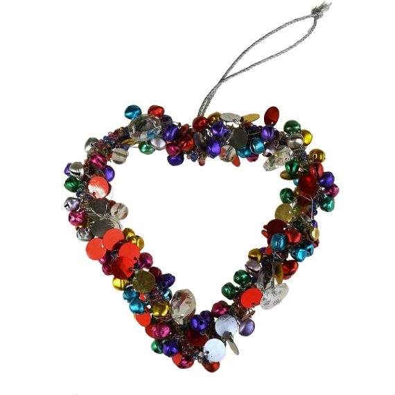 53634 - julekugle hjerte af perler Juleornament formet som et hjerte. Hjertet er ikke massivt, men blot den tegnede omkreds. Hjertet er besat med perler og glimmer i forskellige farver.