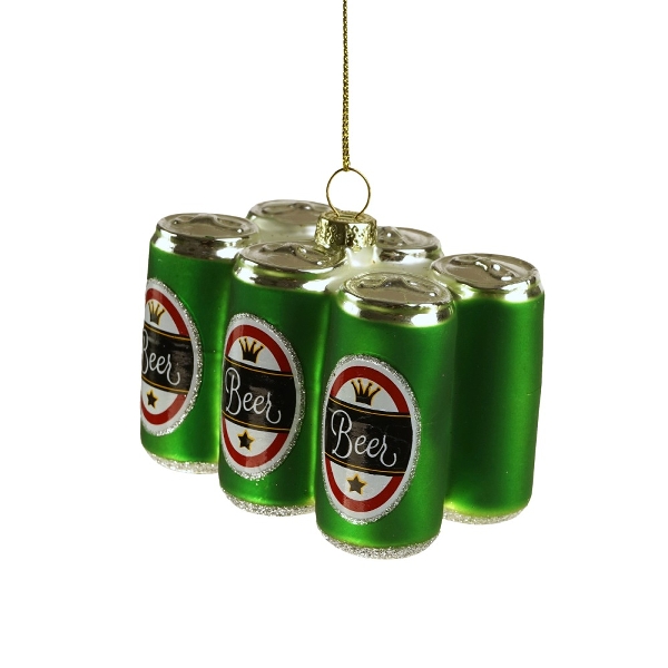 Juleornament formet som en six-pack med øl. Øldåserne er grønne, med et markaet i hvid, rød og sort.