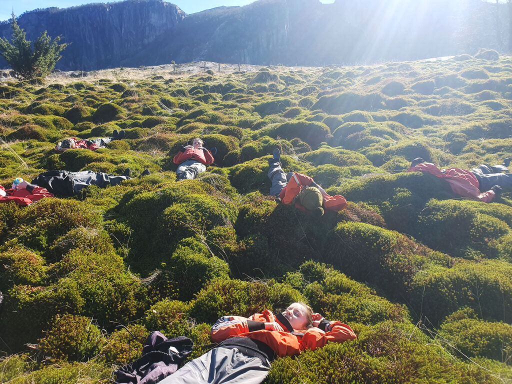 friluftsliv- a group having a nap in moss in the sun in Norway