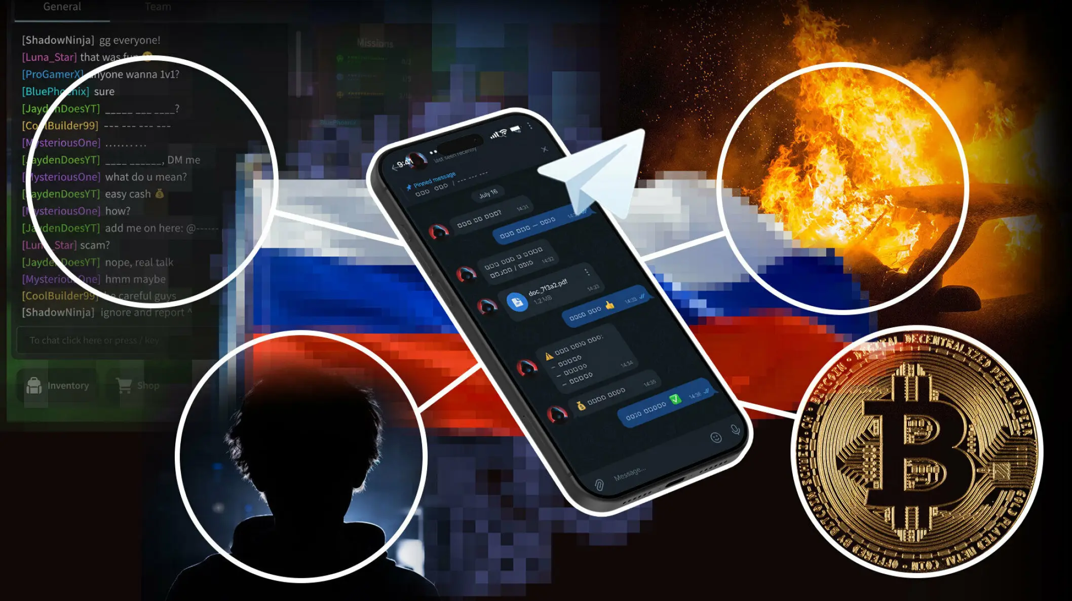 Russia uses groups and platforms on social media to recruit young people to carry out criminal assignments in return for payment. All text in the image above is fabricated and is for illustrative purposes only. Graphic: Stian Bråthen