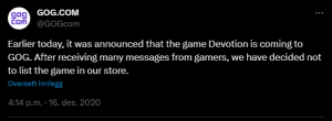 Skjermdump av Tweet fra GOG.com, om at Devotion alikavel ikke blir tilgjengelig på deres plattform.