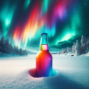 En flaske i snøen under nordlyset