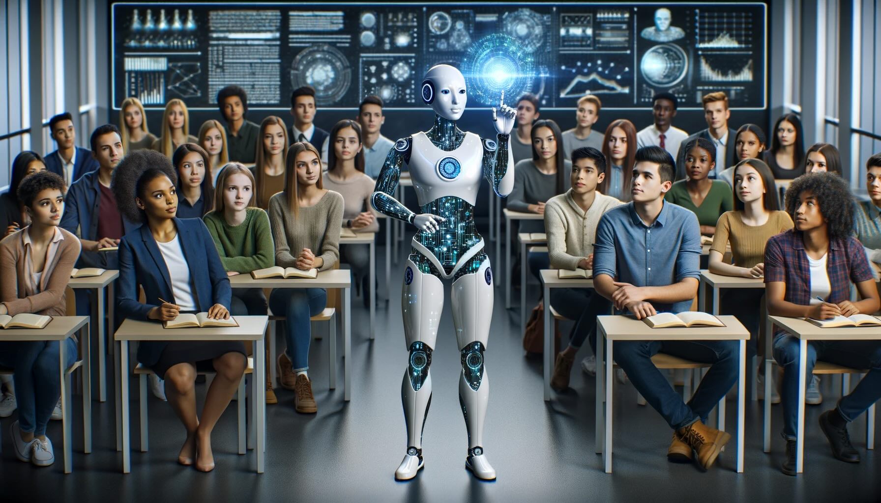 Bilde av robot som forklarer noe for studenter